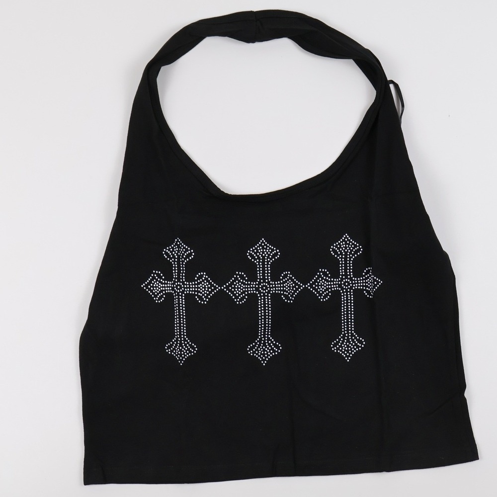 On Fire Halter Top Rhinestone Cross Black Graphic XL NWT